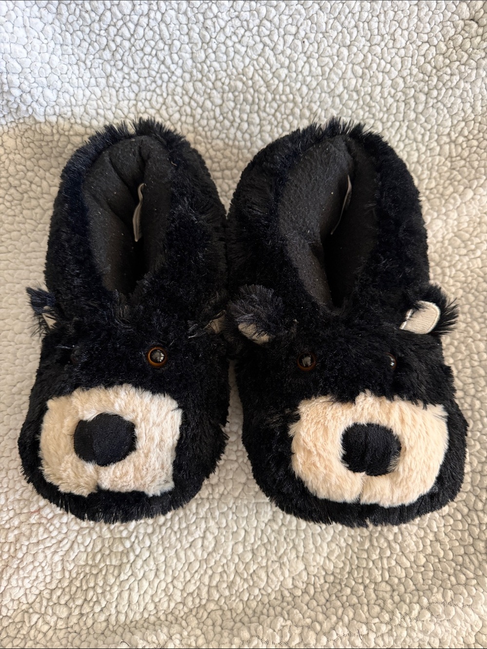 Black Bear Plush Kids Slippers - Cozy Furry Indoor Shoes size 13